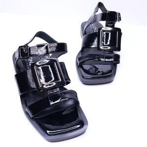 LONZA NY Patent Leather Buckle Sandals Black Ankle Strap Flat Casual Women's 36